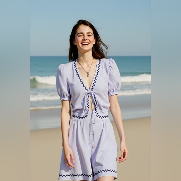 Lavender Puff Sleeve Top and Short Set- Missing internal and external tags - Picture 2 of 5